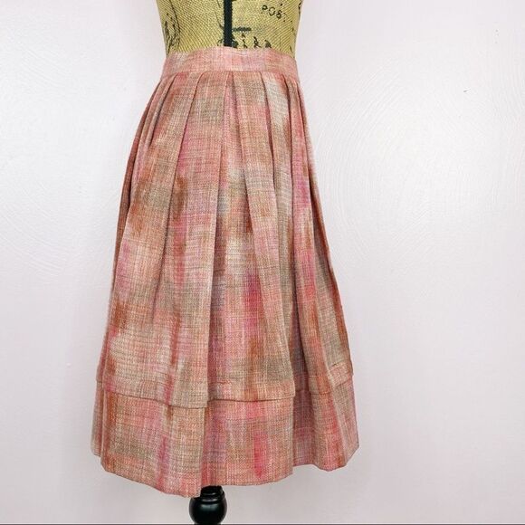 AK Anne Klein Petite Plaid Linen Blend Pleated A-line Skirt Pink Brown 2P - Picture 3 of 11